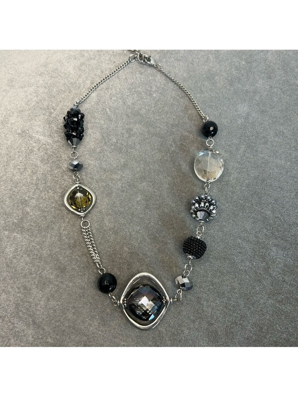 Black silver amber coloured beaded necklace